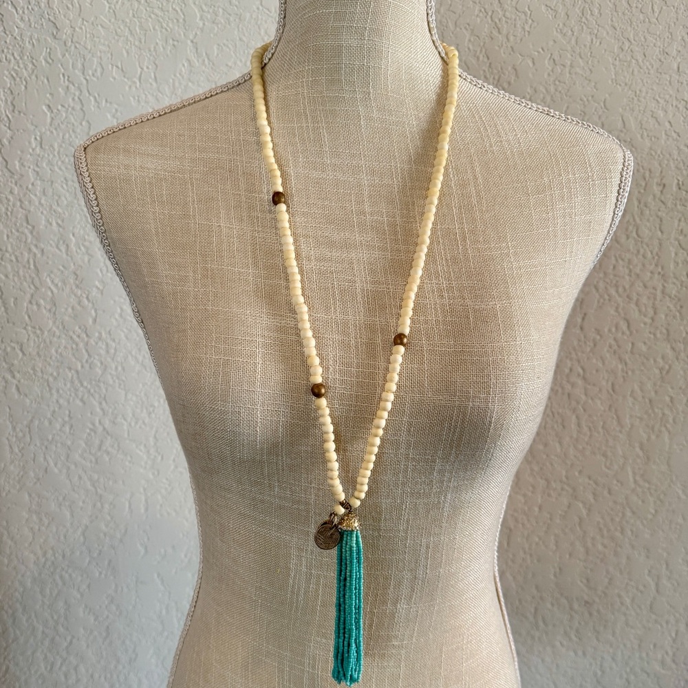Chico's Beaded Ivory and Gold Tone Necklace with Teal Tassel